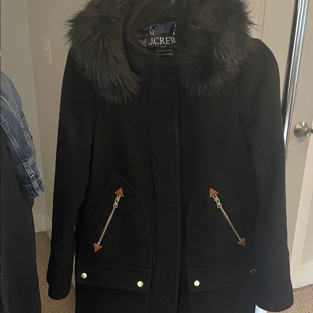 J. Crew Black Pea Coat with Faux Fur Trim